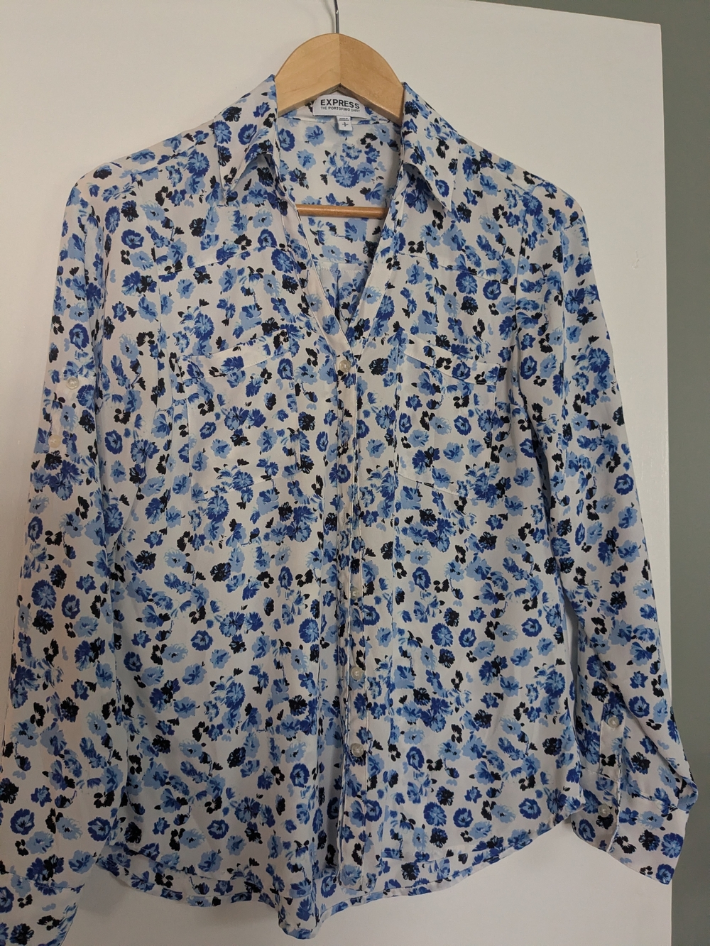 Express Blue Floral Button-Up Blouse